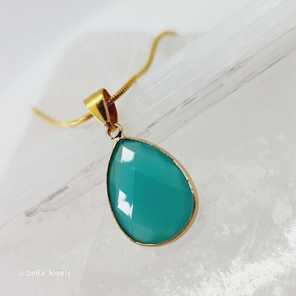 Wrapped Faceted Blue Jade Teardrop Necklace Gold Toned Jewelry Gift - Picture 1 of 4